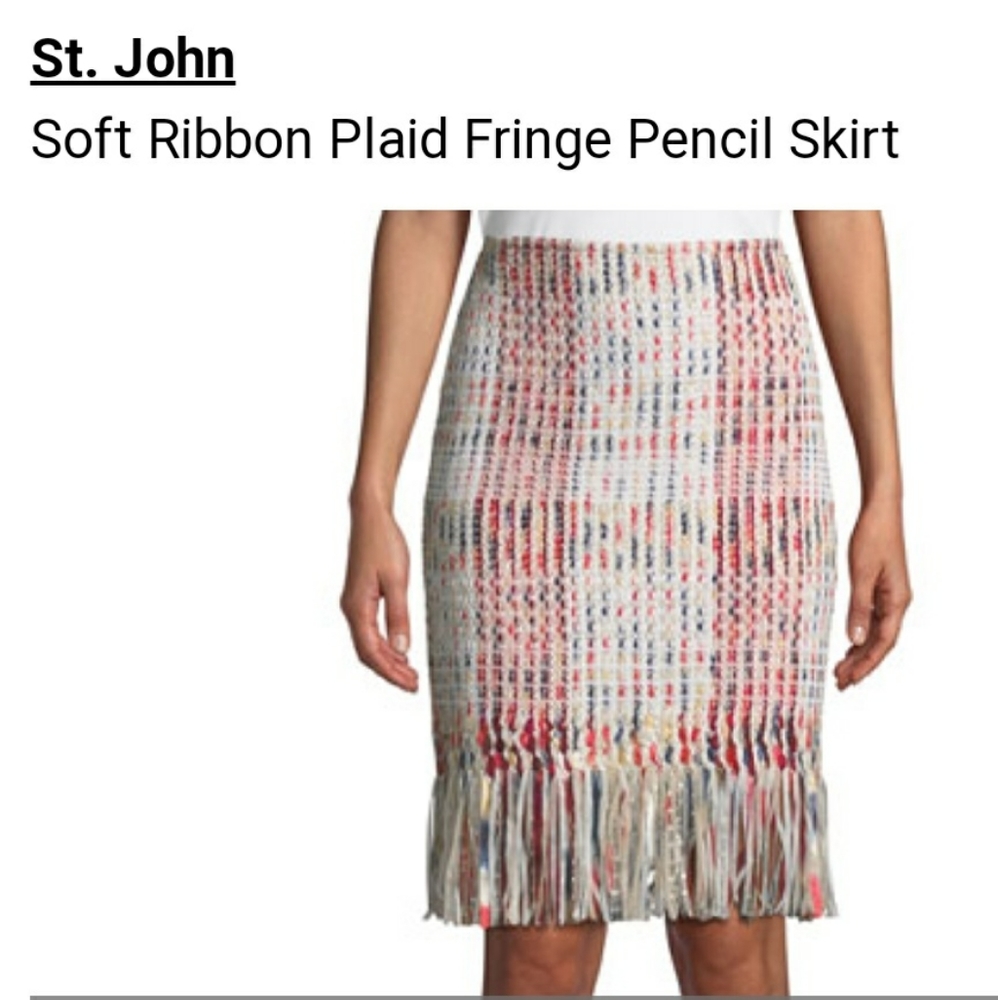 St John Ribbon Plaid Fringe hem pencil skirt - Picture 4 of 8